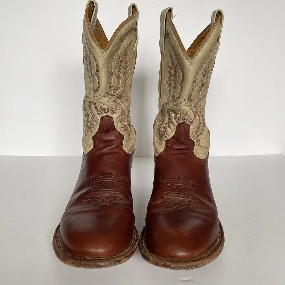 Vintage Tony Lama Roper Cowboy Boots Men’s 8.5 D Brown & Cream Leather USA Made